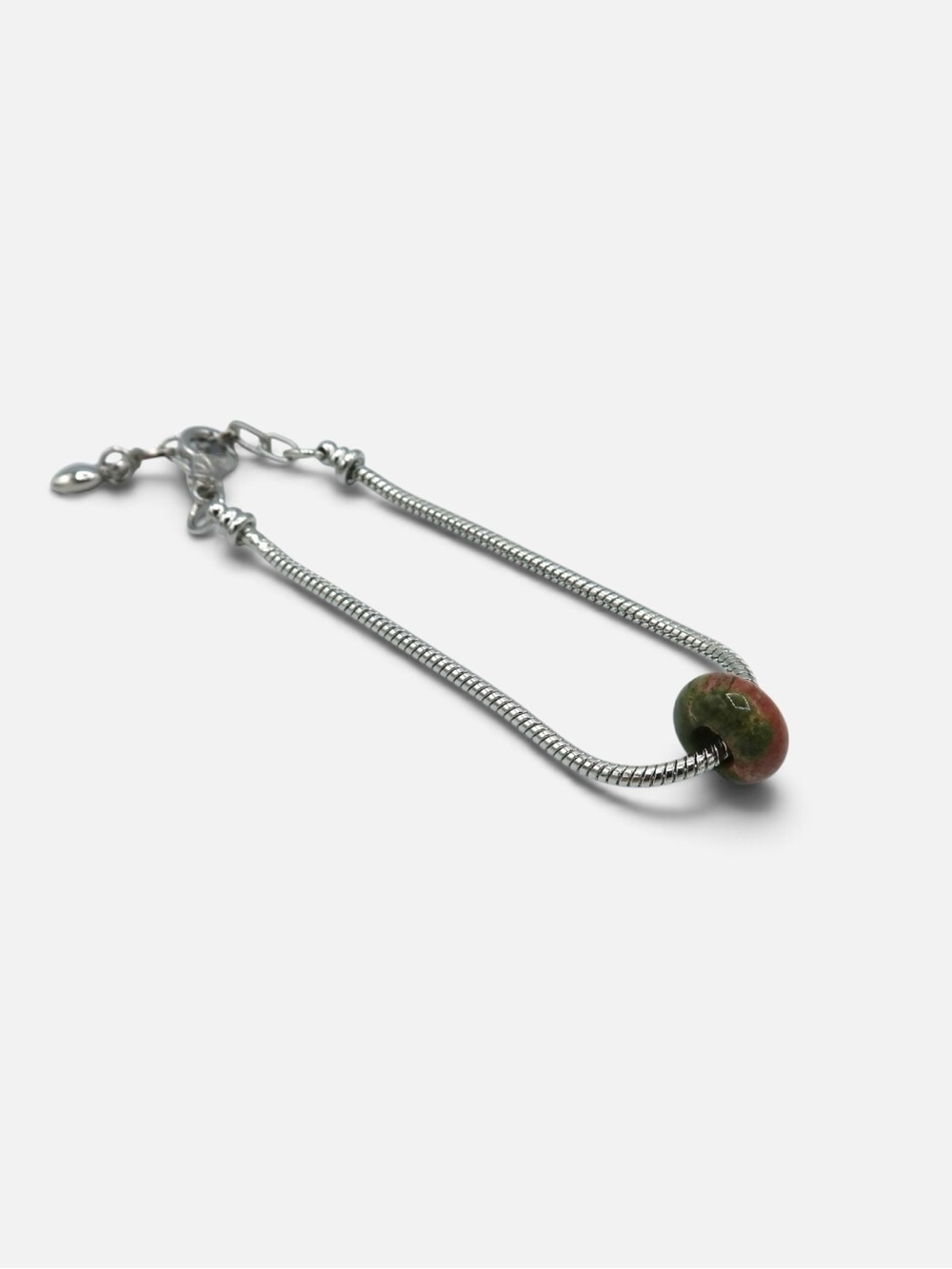 Sterling-Tone Snake Chain Bracelet with Green and Red Ceramic Bead